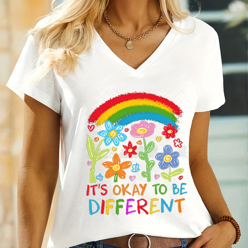 

Футболка «Неорезительность радуги» It's Okay To Be Different, милые рубашки с цветочным принтом, дизайнерская футболка с информацией об аутизме, футболки в стиле ретро для мамы с аутизмом