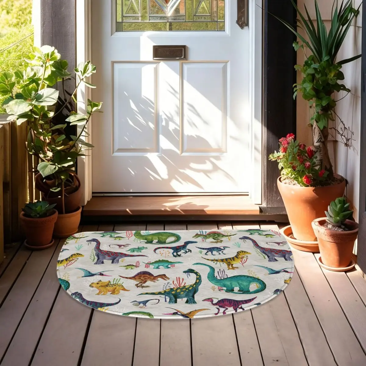Bright Dinosaurs Soft Flannel Half Round Doormat Non Slip Bathroom Mat Absorbent Floor Carpet for Home Bedroom