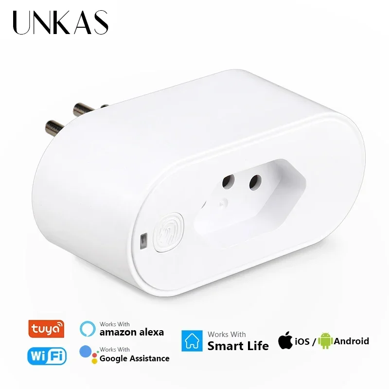 UNKAS Tuya 16A 20A Brazil Standard Wifi Smart Plug Socket Work with Google Home Alexa with Power Monitor APP Remote Control