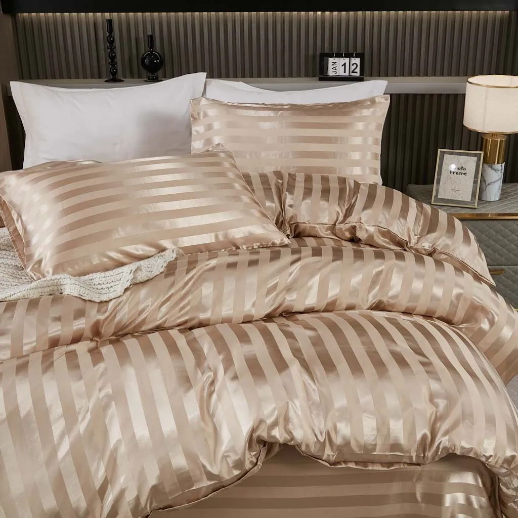 2/3pcs Satin Striped Duvet Cover Set ,Luxury Silky Like Khaki Stripe Duvet Cover with Pillowcase,Home double bed duvet cover set