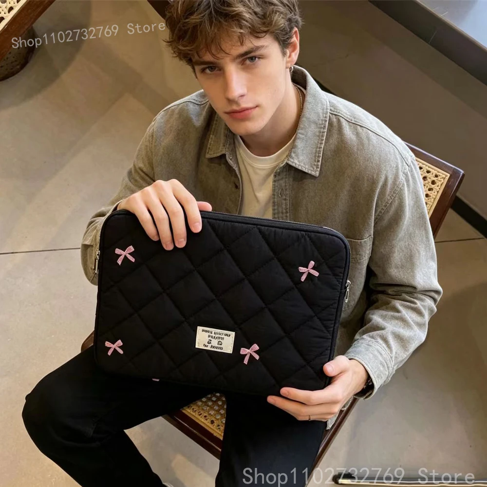 

Quilted Bow Laptop Sleeve 11 13 14 15.6 Inch - Shockproof Soft Padded Computer Bag for MacBook iPad Pro, Cute Korean Style Noteb
