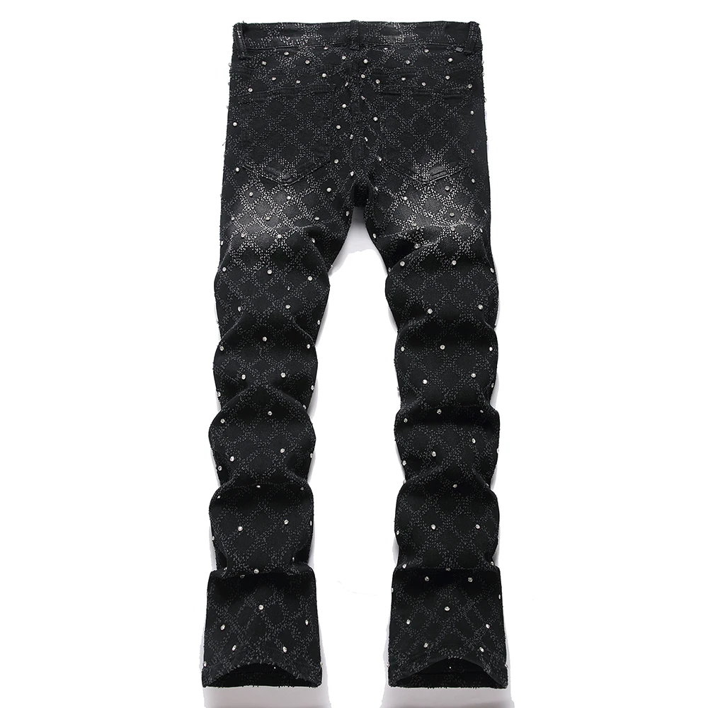 Men's Crystal Boot Cut Jeans Punk Black Stretch Denim Pants Rivet Slim Flared Trousers Fashionable Bootcut Trousers