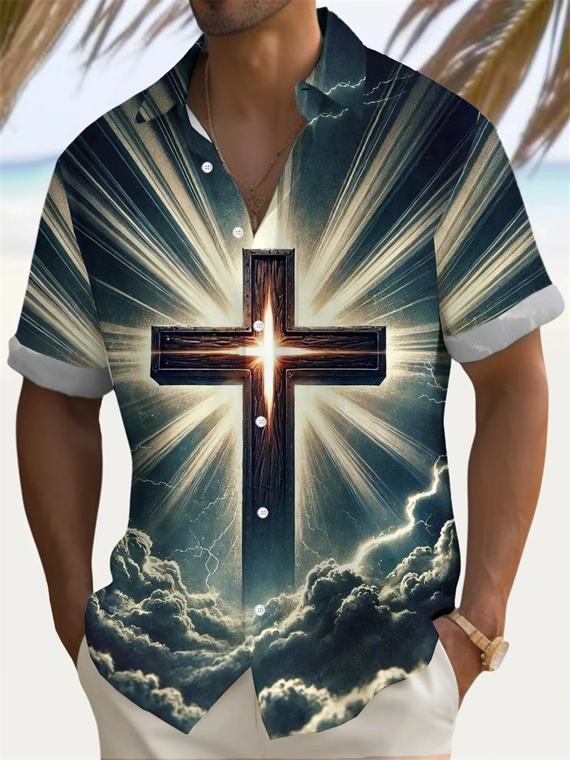 

God Jesus Mary 3D Print Hawaiian Shirts For Men Casual Short Sleeve Oversived Tee Shirt Top Clothes Men Button Up Shirts Blouses