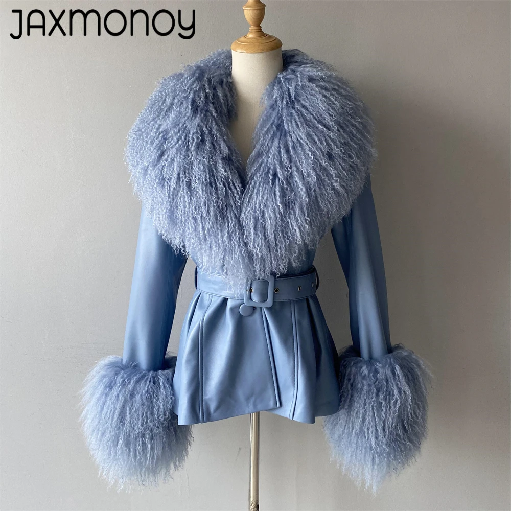 Jaxmonoy Women\'s Genuine Leather Jacket with Real Mongolian Fur Ladies Fashion Sheepskin Coats Spring Fall Real leather Coat New