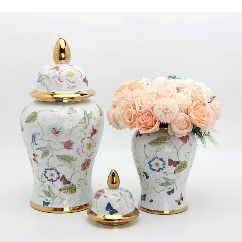 Flowers and Pattern General Jar with Lids Gold Plated Ceramic Vases Desk Decoration Jewelry Jars Cosmetic Containers