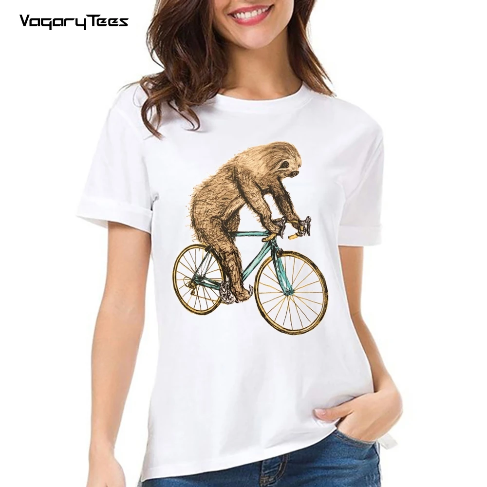 Summer Women's Short Sleeve Sloth Riding Bikes Vintage Print T-Shirt Cute Girl Casual White Tees Funny Animal Lover Design Tops