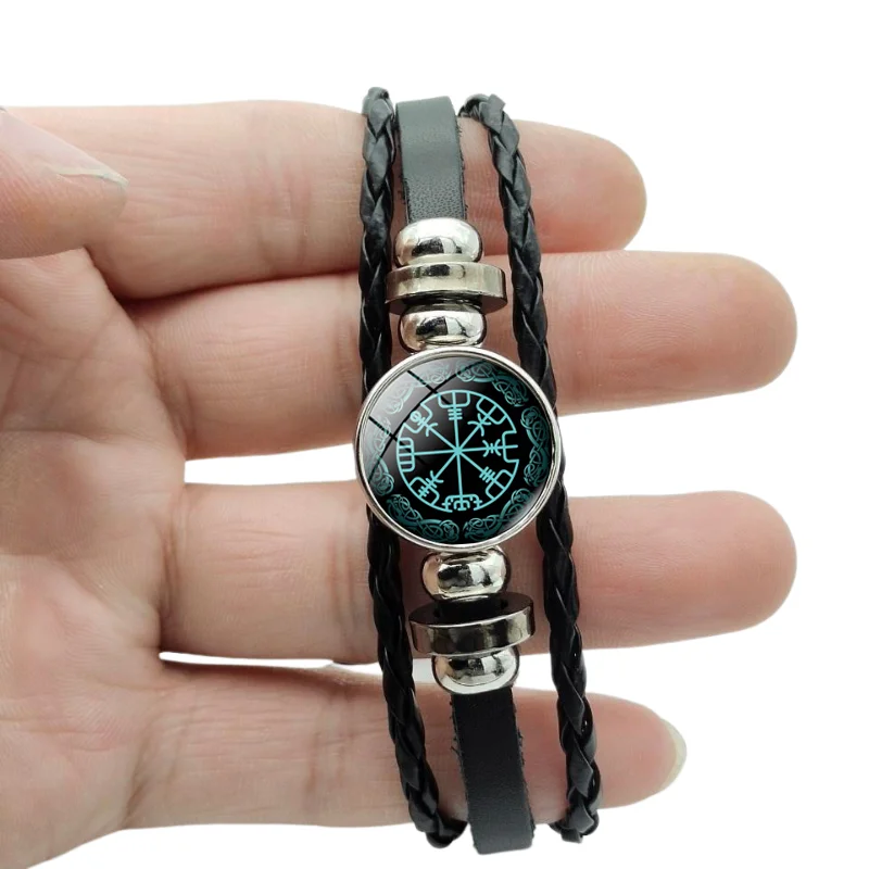 Nordic Classic Vintage Viking Pirate Bracelet Compass Helmet of Awe Glass Charm Pulseras Punk Multilayer Leather Men\'s Best Gift