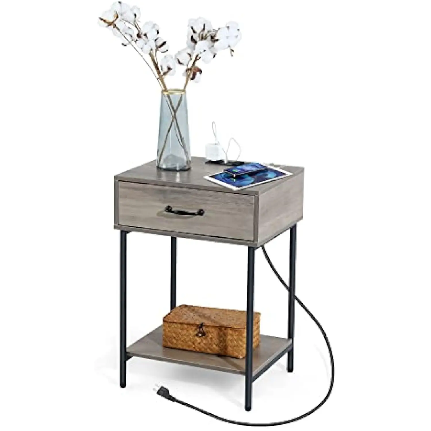 

Nightstand with Charging Station, End Table, Side Table with Drawer, Open Storage Shelf, Bedside Table for Bedroom, Living Roo