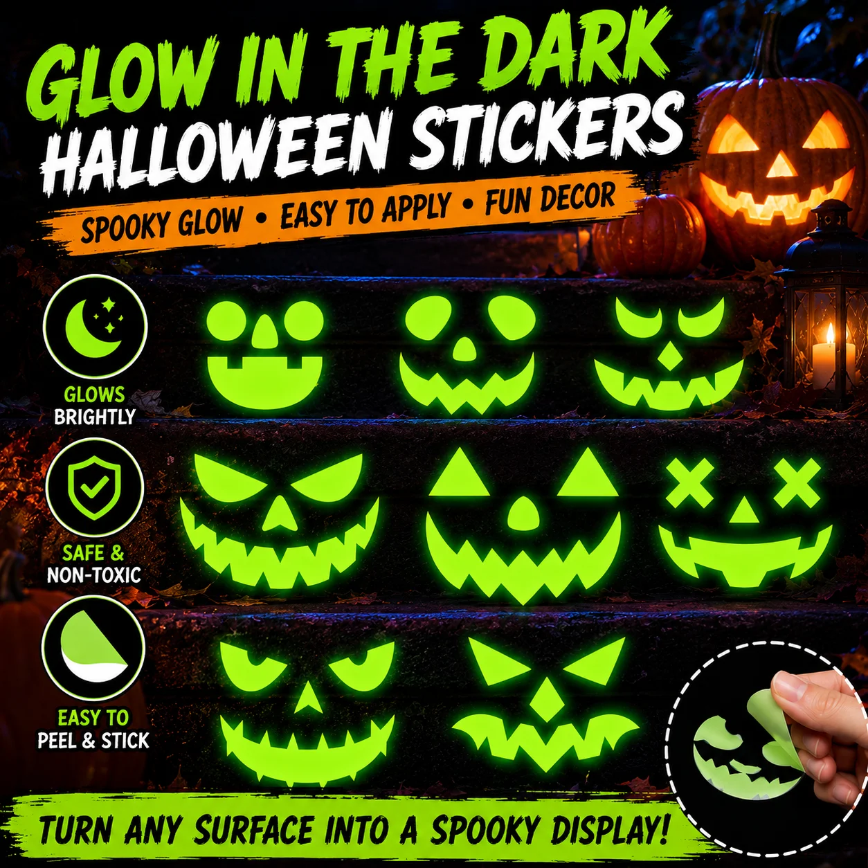 Spooky Halloween Glow in the Dark Sticker Decal for Wall Decor Ghost Face Pumpkin Party Holiday Celebration Decorations