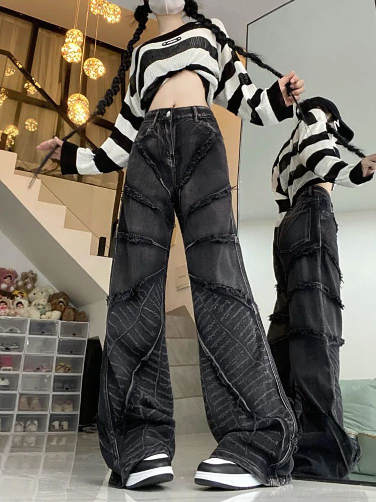 

2024 Y2K Streetwear Washed Black Baggy Stacked Jeans Pants For Women Dresses Straight Hip Hop Lady Goth Long Trousers Ropa Mujer