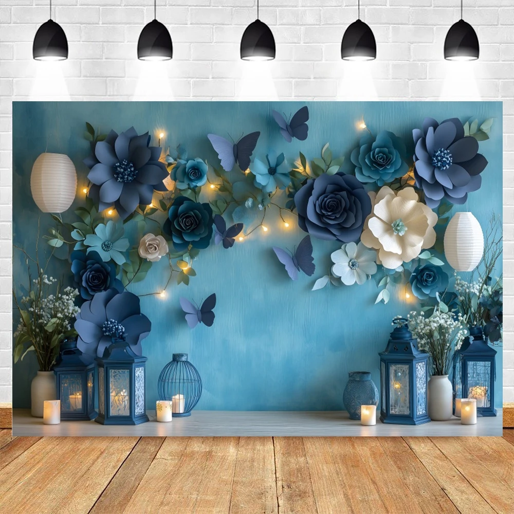 Blue Flowers Wedding Scene Backdrop Photography Butterfly Candles Couple Portrait Photographic Background Photo Studio Photocall