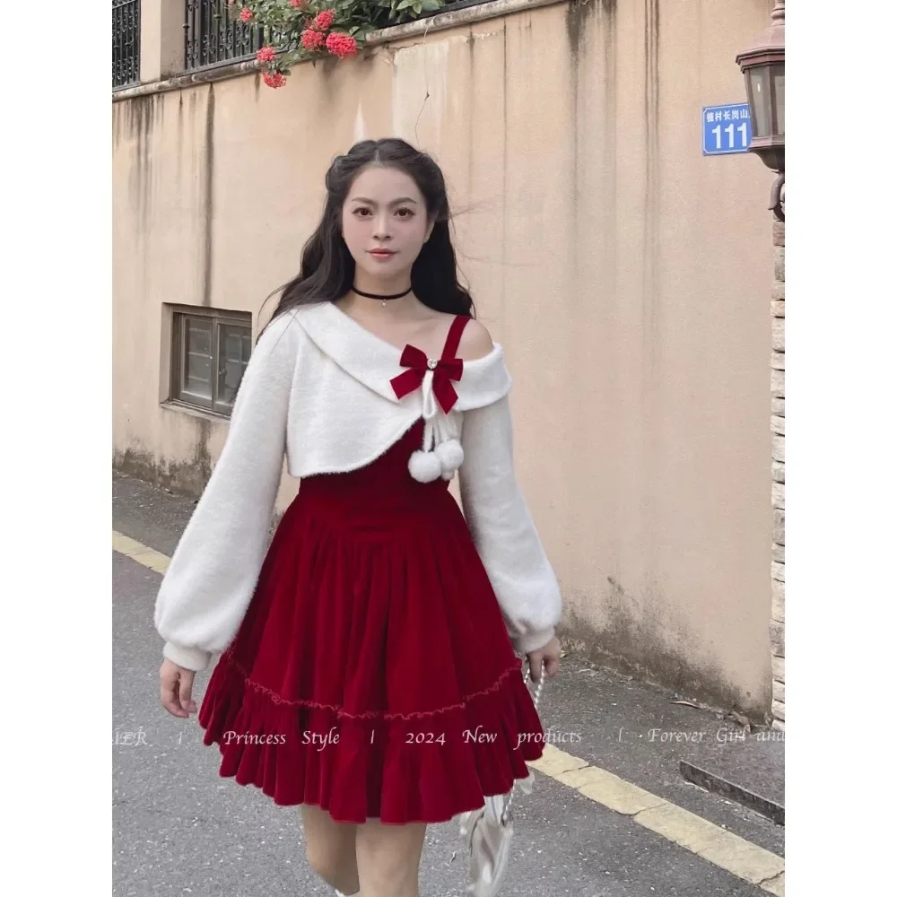 2 Piece Sets Womens Outfits Christmas Red Dress Suit Bow Slash Neck Irregular Crop Tops Velvet Tunic Big Swing Dresses Set