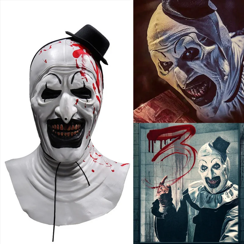 

Art The Clown Mask Terrifier Mask Латексная мягкая маска Страшный убийца Ролевые игры Головные уборы Дом с привидениями Косплей Полный костюм Реквизит
