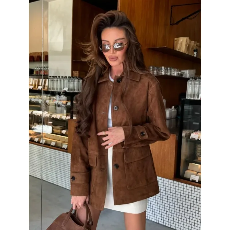 

Women Retro Brown Lapel Suede Jacket Fashion Full Sleeve Single Breasted Pockets Loose Jackets Lady Commuting Outerwear New