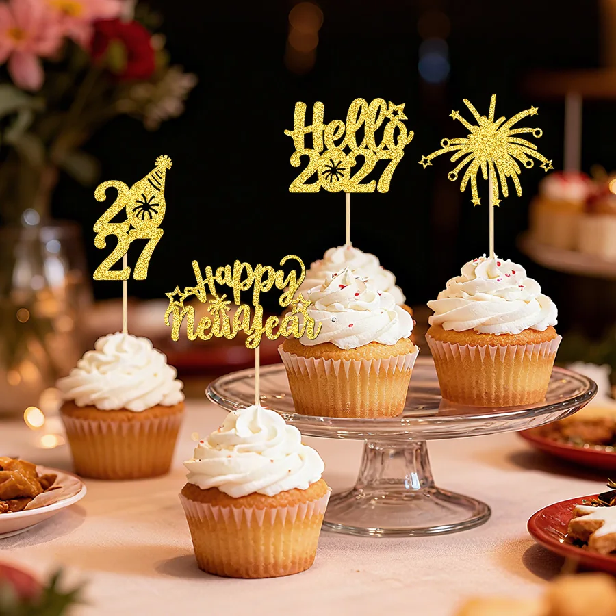 YOMDID 24Pcs Happy New Year Cupcake Toppers New Year Cupcake Toppers Firework Pattern Cupcake Topper Hello Cupcake Picks - view 5