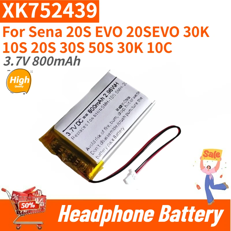

XK752439 Сменный цифровой аккумулятор 3,7 В 800 мАч для Sena 20S 10S 30S 50S 30K 10C EVO 20SEVO Спортивные аккумуляторы для наушников