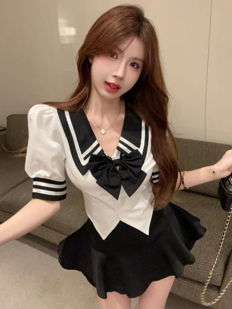 

Korean Style Uniform School Wind Navy Collar Knot Waist Short Sleeve High Waist Puffy Half Skirt Pants Set