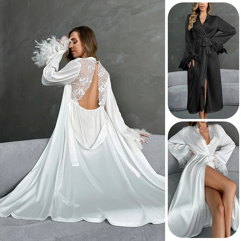 

Elegant Women's Backless Pajamas Nightdress Lace Satin Long Nightgown Fluffy Cuffs Perfect Loungewear Sleepwear Casual Sexy Cozy
