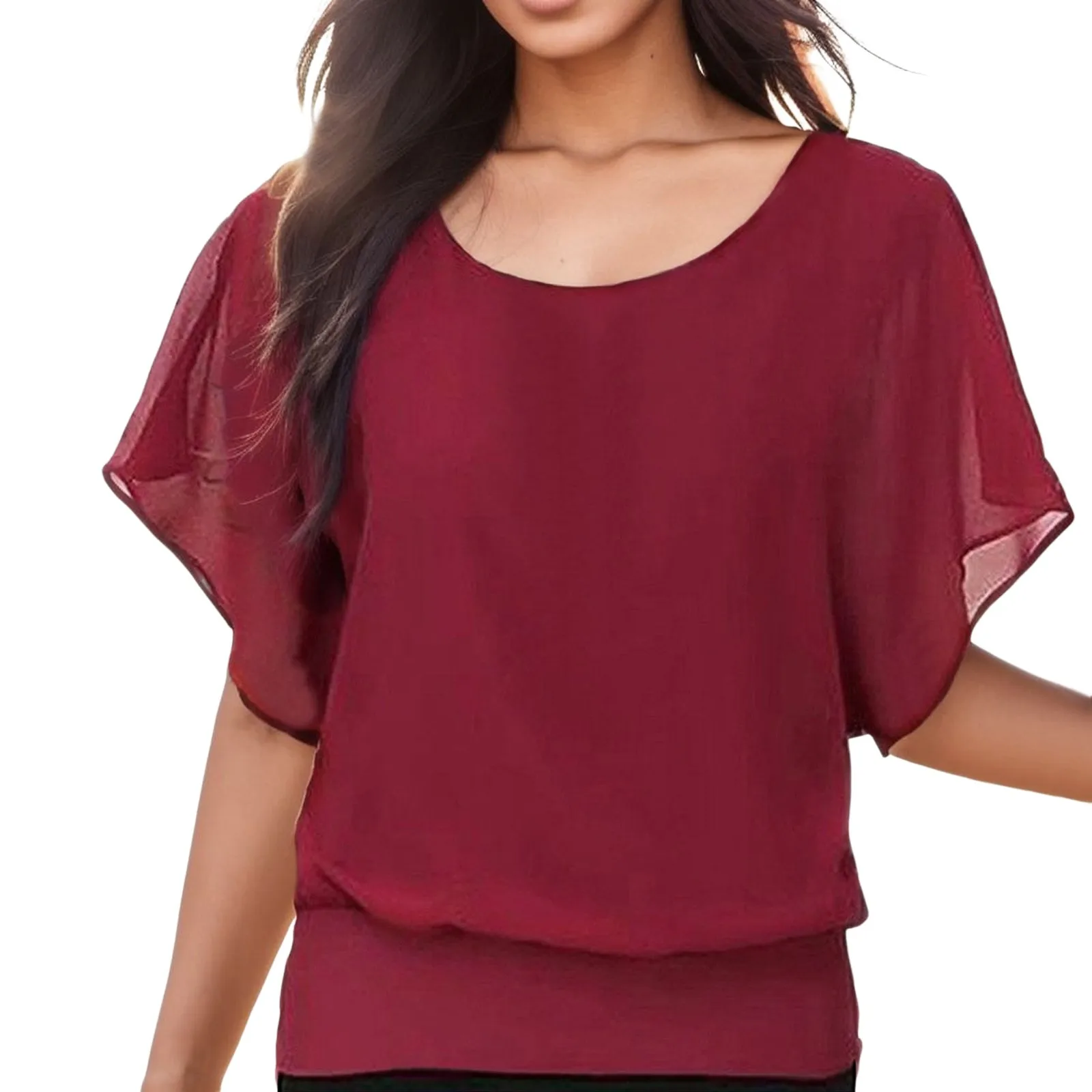 

Women Batwing Sleeves Chiffon Blouses Elegant Tunic Shirts Ladies Casual O-Neck See-through Tops Office Streetwear Blusas Camisa