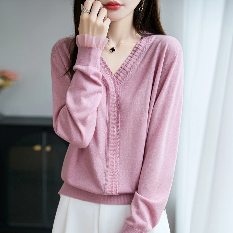 2026 Autumn and Winter New  fungus edge lace splicing Cashmere sweater Women loose Knitted sweater Women