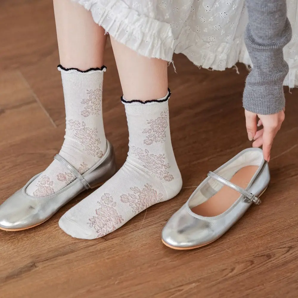 

3Pairs Cute Ruffle Mesh Flower Socks Breathable Lolita Mid Tube Socks Female Hosiery Ins Style Sweet Socks Women Girl