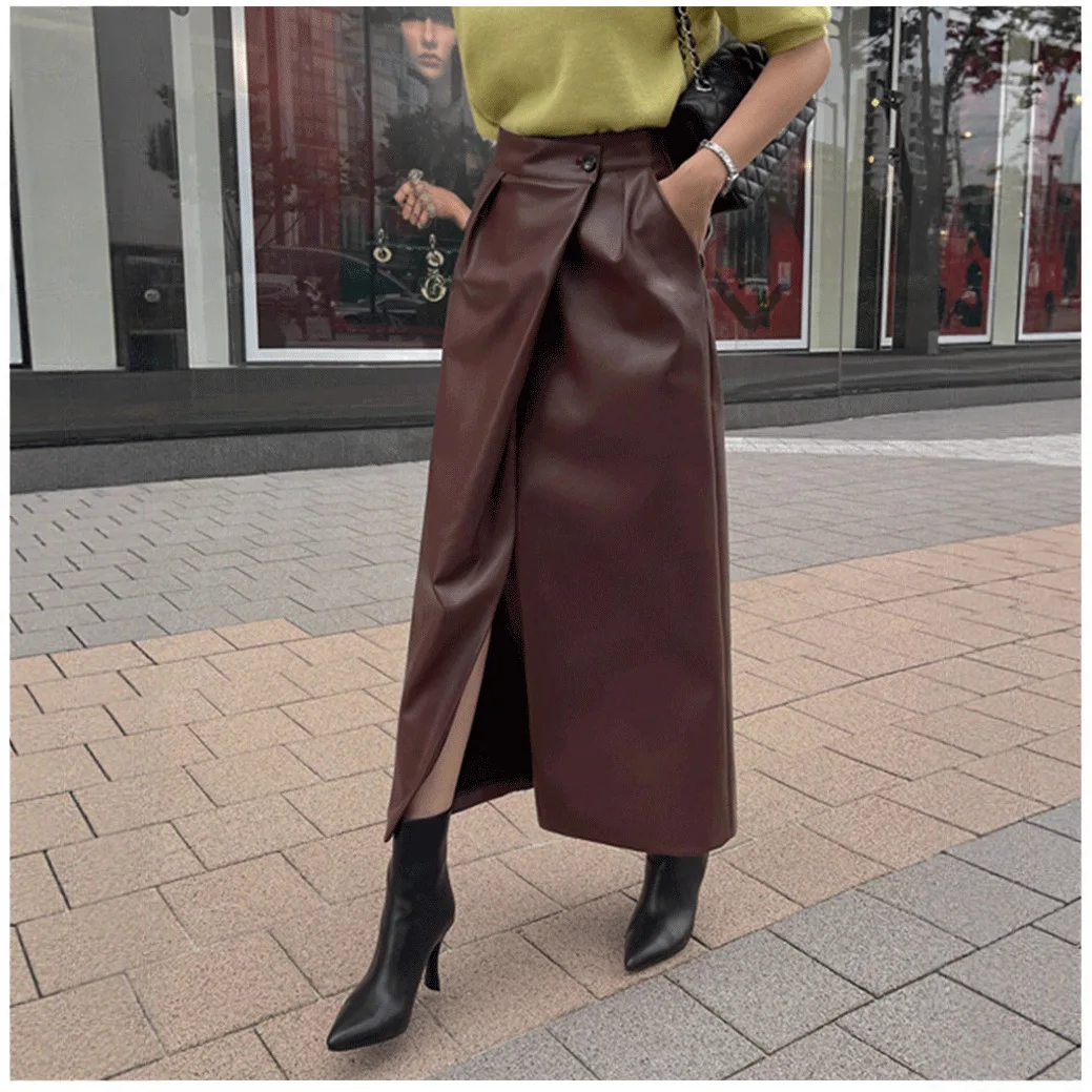 

Fashion Women's Pu Leather Skirts 2025 Autumn and Winter New High-waisted Split Long Skirt