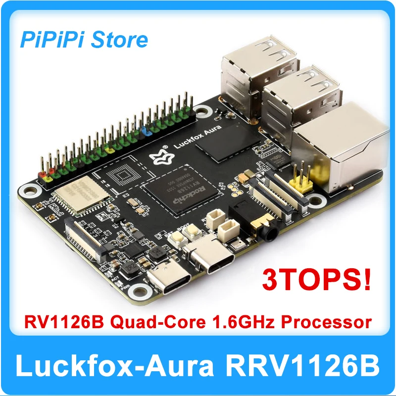 

Luckfox Aura Linux Development Board RV1126B Quad-Core 1.6GHz Processor 3 TOPS LPDDR4X Wi-Fi 6/Bluetooth Gigabit PoE Ethernet