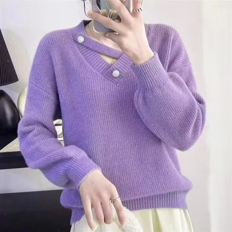 Women New Crystal Mink Sweater Fall Winter Clothing Y2K Short Undercoat Fashion V-Neck Pullover Sweater Casual Knitt Top Female