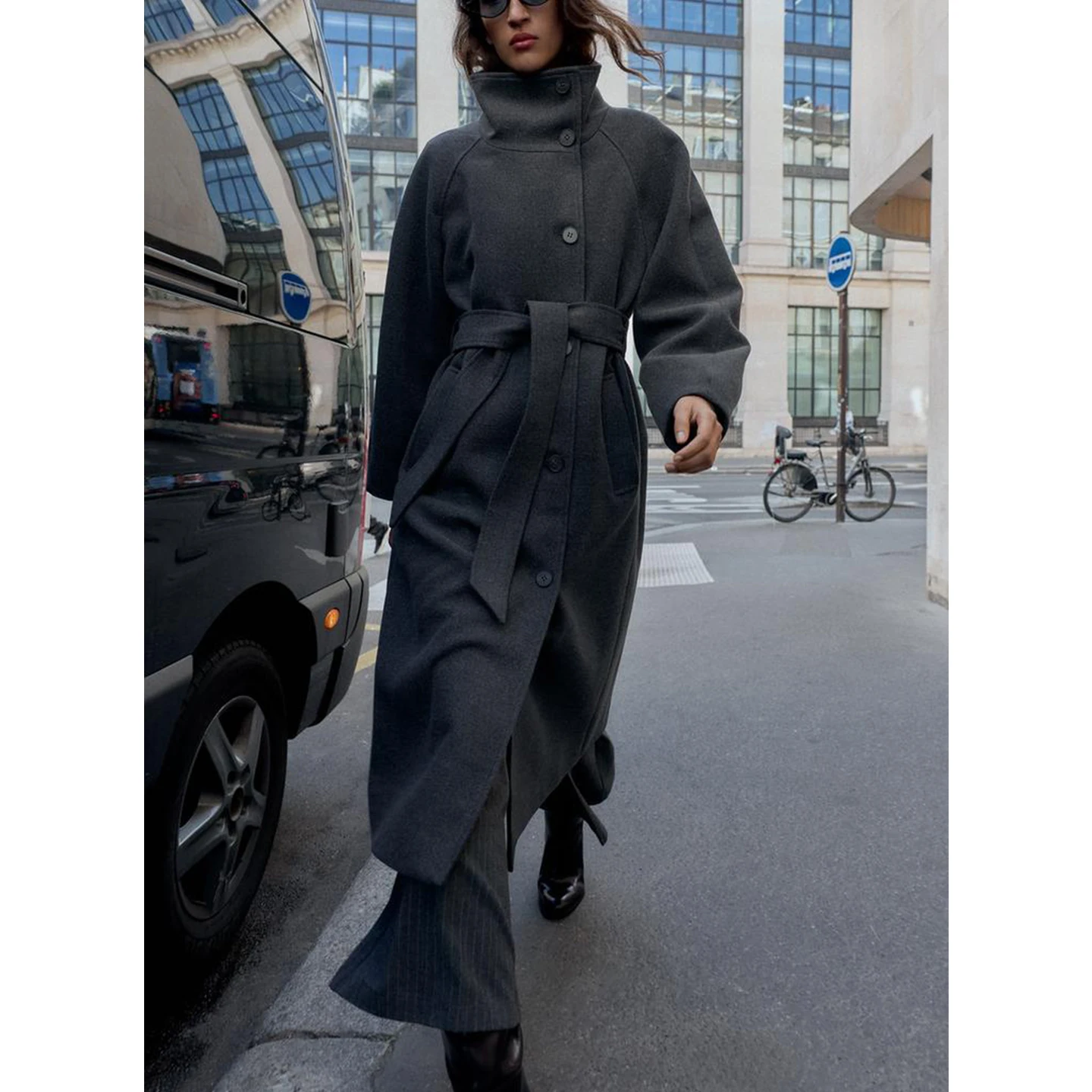Autumn Winter New Women's Double-breasted Button Decorated Soft Long Sve Stand Collar with Belt Coat Outerwear 30369