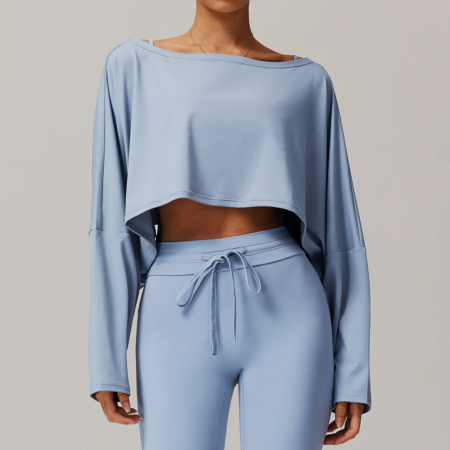 Fitness Spring and Autumn Sports One Shoulder Bat Sleeve Casual Versatile Round Neck Long Sleeve Yoga Tops for Women