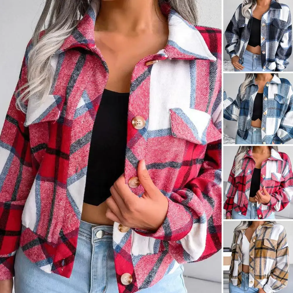 Fashion Women Thick Plaid Shirts Streetwear Overshirt Jacket Ladies Button Shirt Jacket Coat For Casual Chic Tops Warm