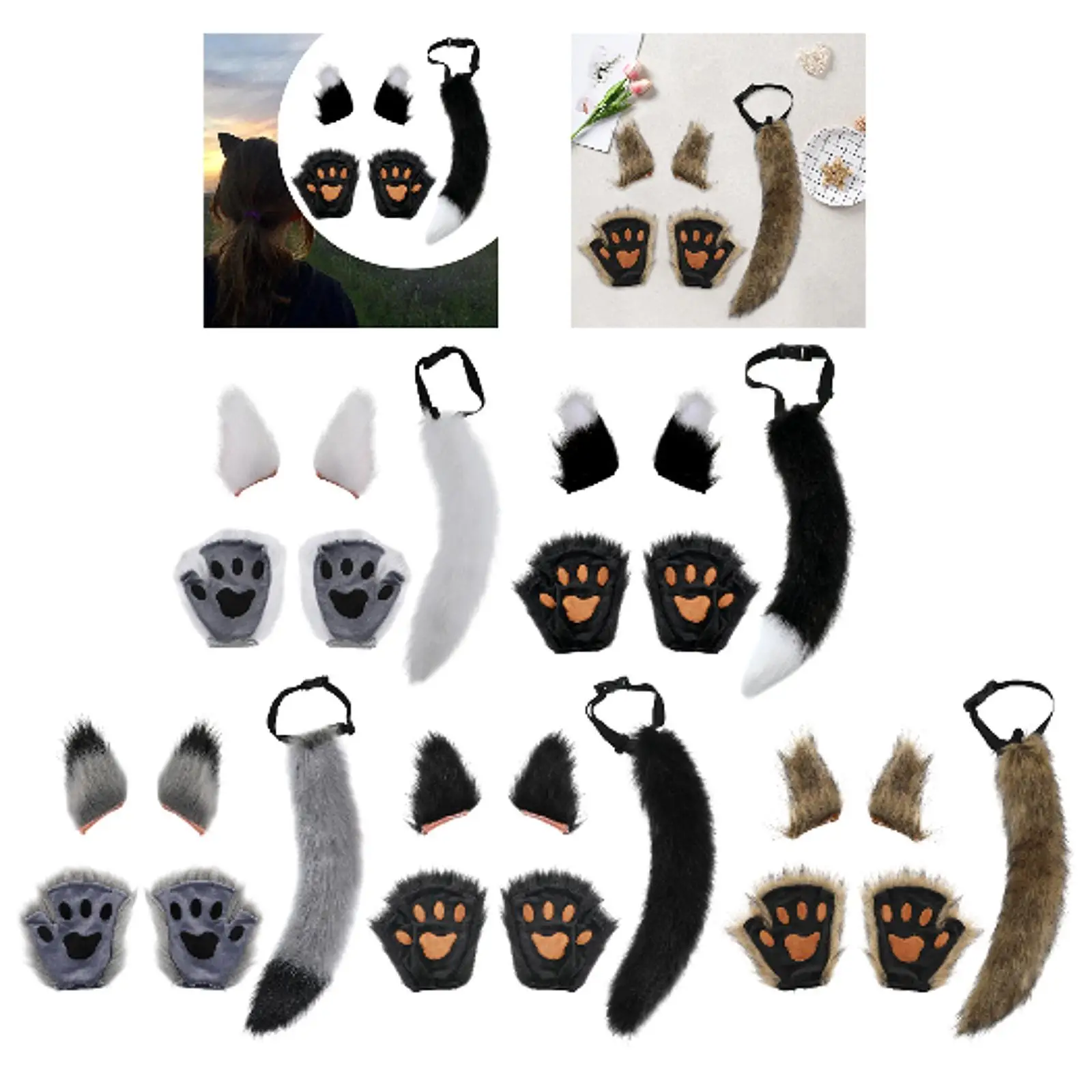 Faux Ears and Tail Set Headpiece Costume Cosplay Animals Ears and Tail for Stage Shows Night Club Easter Kids Adults Birthday