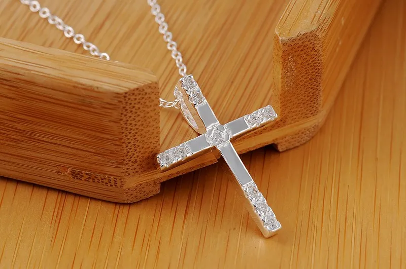 

Fine 925 Stamp Silver color Necklace For Women fashion brand Jewelry Classic cross crystal Pendant Christmas gifts Wedding party