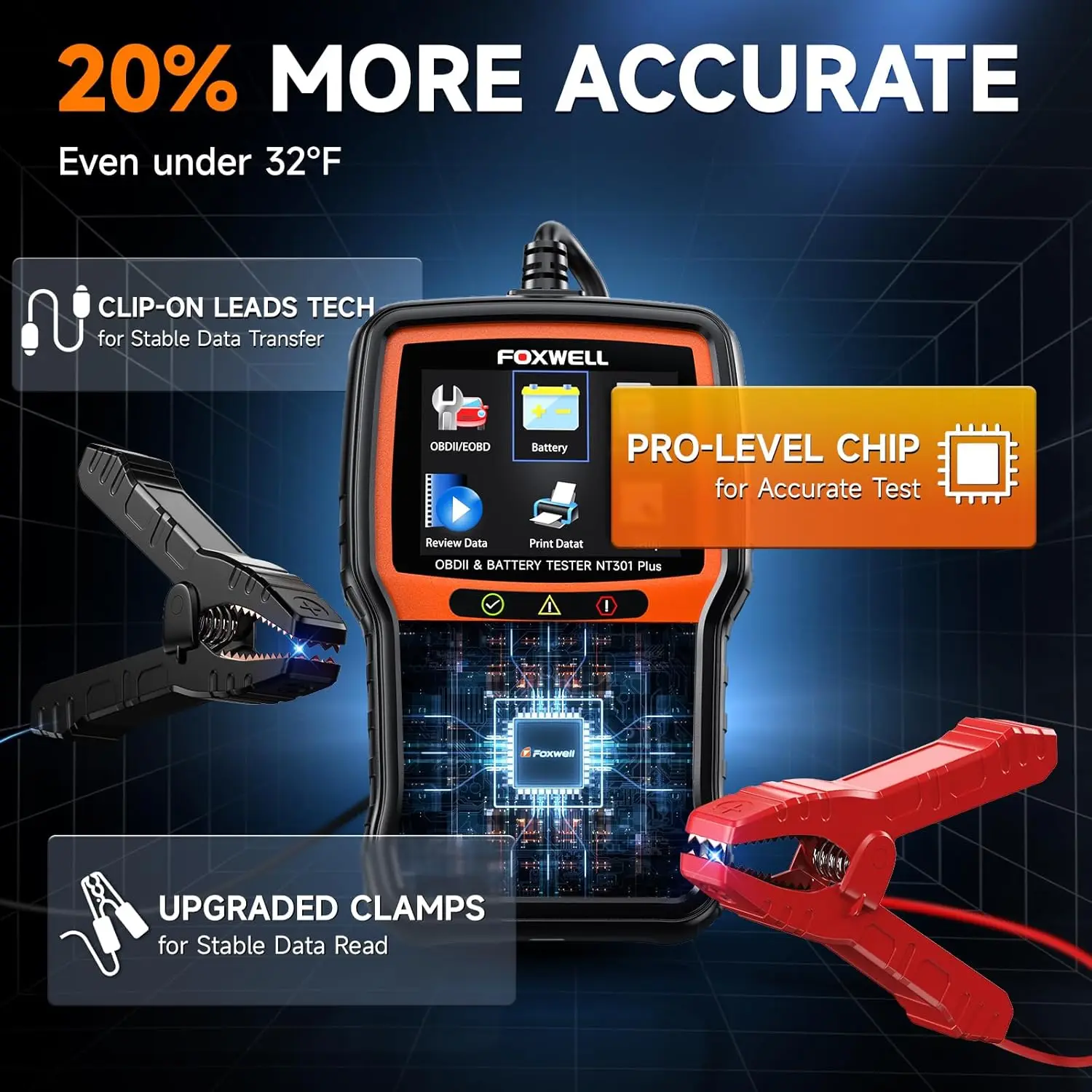 الماسح الضوئي NT301 Plus 2 في 1 Obd2، جهاز اختبار البطارية والتحريك للمركبات 1996+