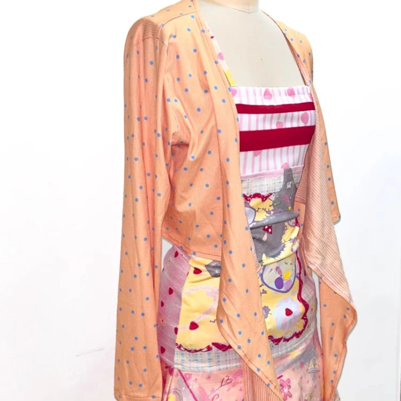 2025 Musim Panas Musim Gugur Baru Oranye Polka Dot Mantel Atasan Wanita Desain Asli Kardigan Tidak Beraturan dengan Tali Jaket Pendek Tipis Wanita