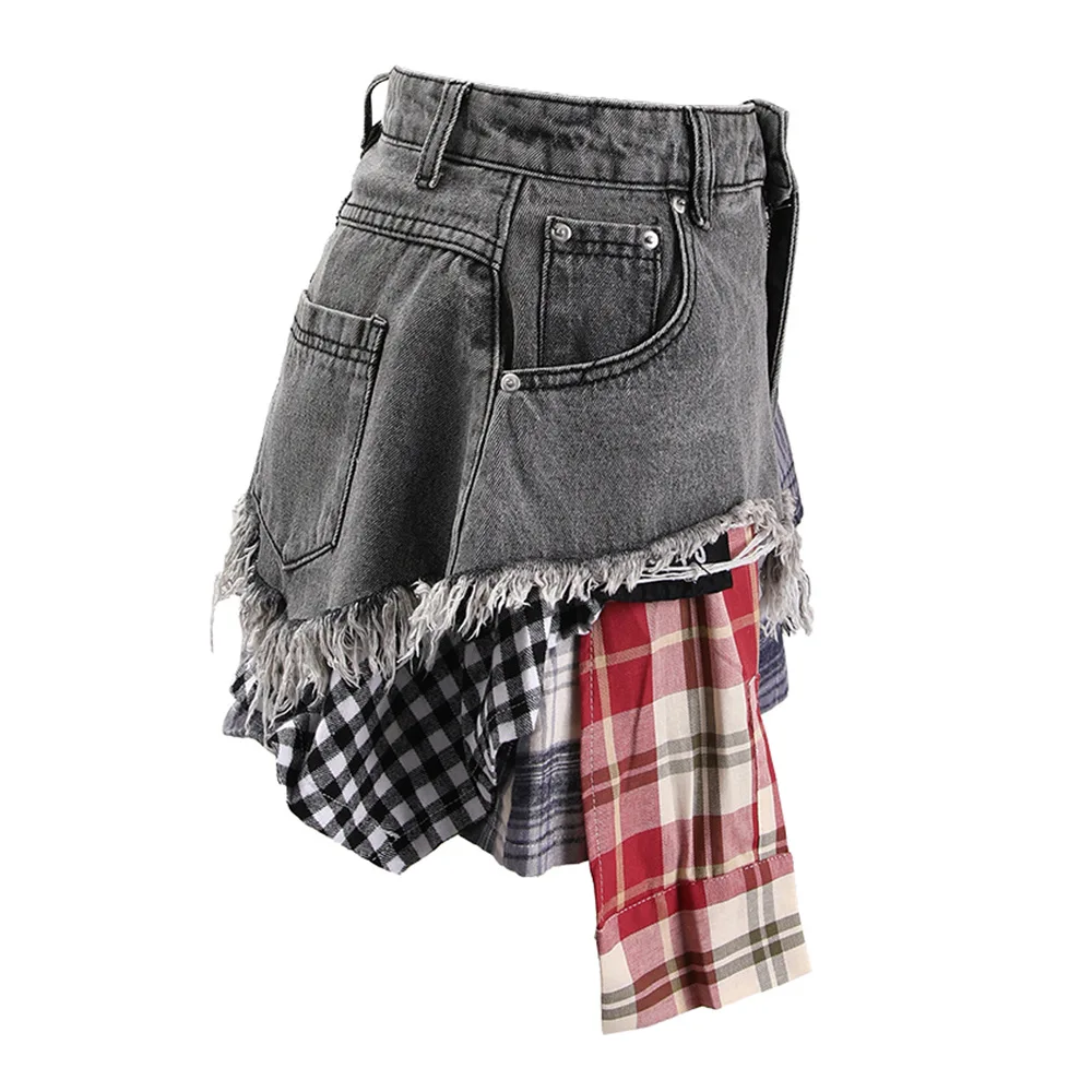 Fashion Women's Denim Skirt Colored Plaid Patchwork Irregular Deconstructed A-line High Waist Mini Skirts Summer 2024 New