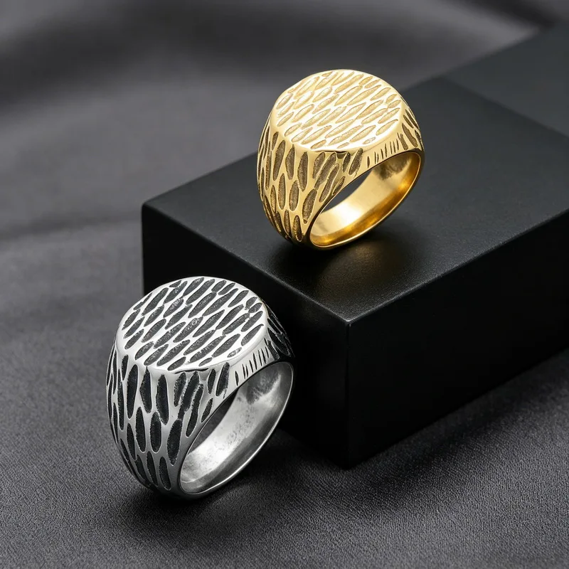 Kalen Punk Edelstahl-Siegelring für Herren, Retro-Hammermuster, Finger-Anillos, Damen-Schmuck, Geschenke – Detail 11