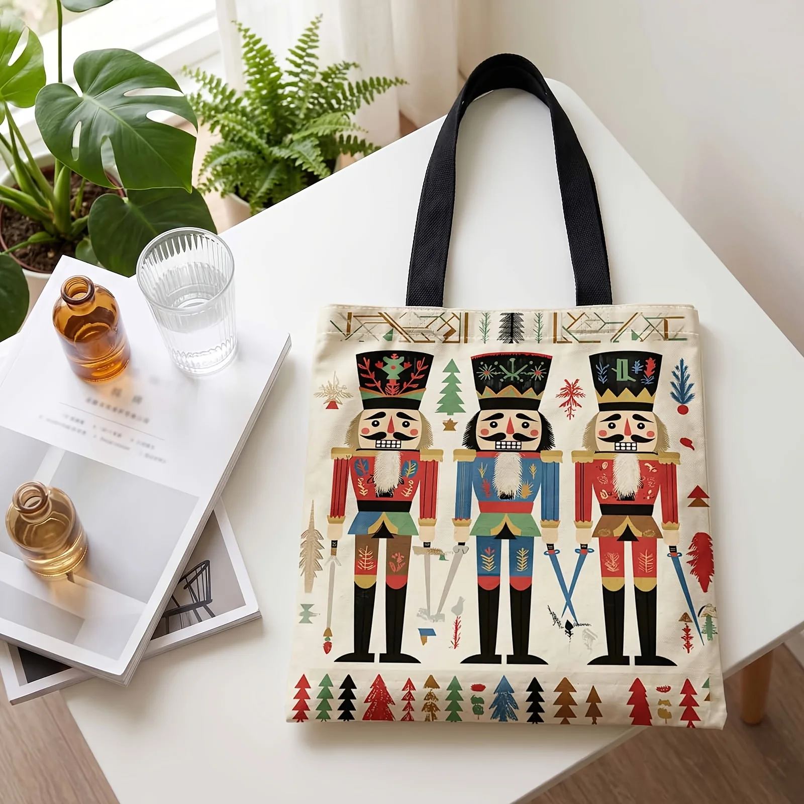 Christmas Nutcracker Canvas Tote Bag Xmas Soldier Print Handbag Reusable Shopping Bag Large Capacity Shoulder Bag Holiday Gift