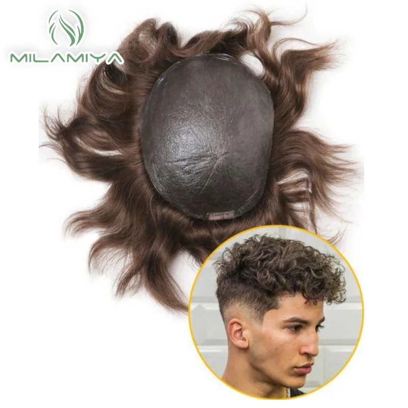 Male Hair Prosthesis 0.08mm Knotless V-loop Pu Toupee Men Durable Wigs For Men 100% Human Hair System Unit Capillary Prosthesis