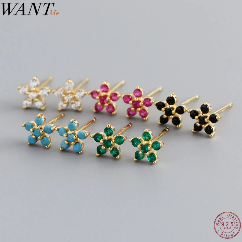 WANTME 925 Sterling Silver Fashion Sweet Rainbow Zircon Flower Stud Earrings for Women Charm Ear Bone Romantic Piercing Jewelry