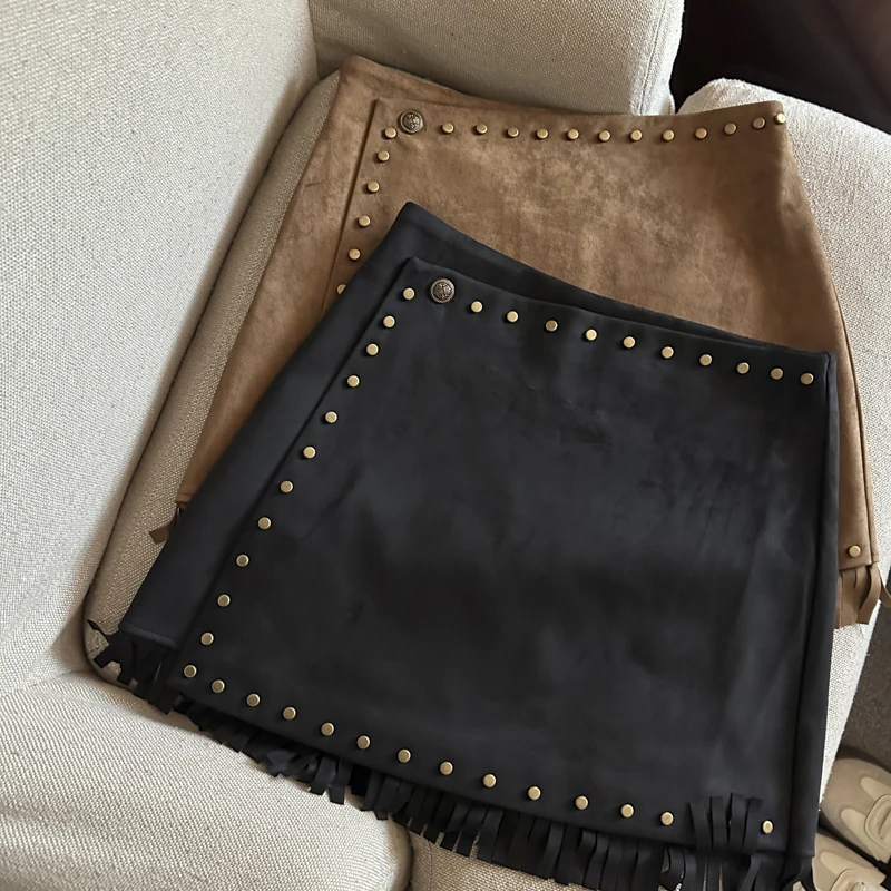 

Retro Rivet Studded Tassel Women Suede Short Skirt Spring Autumn High Waist Slim Fit Mini Hip-hugging Skirt