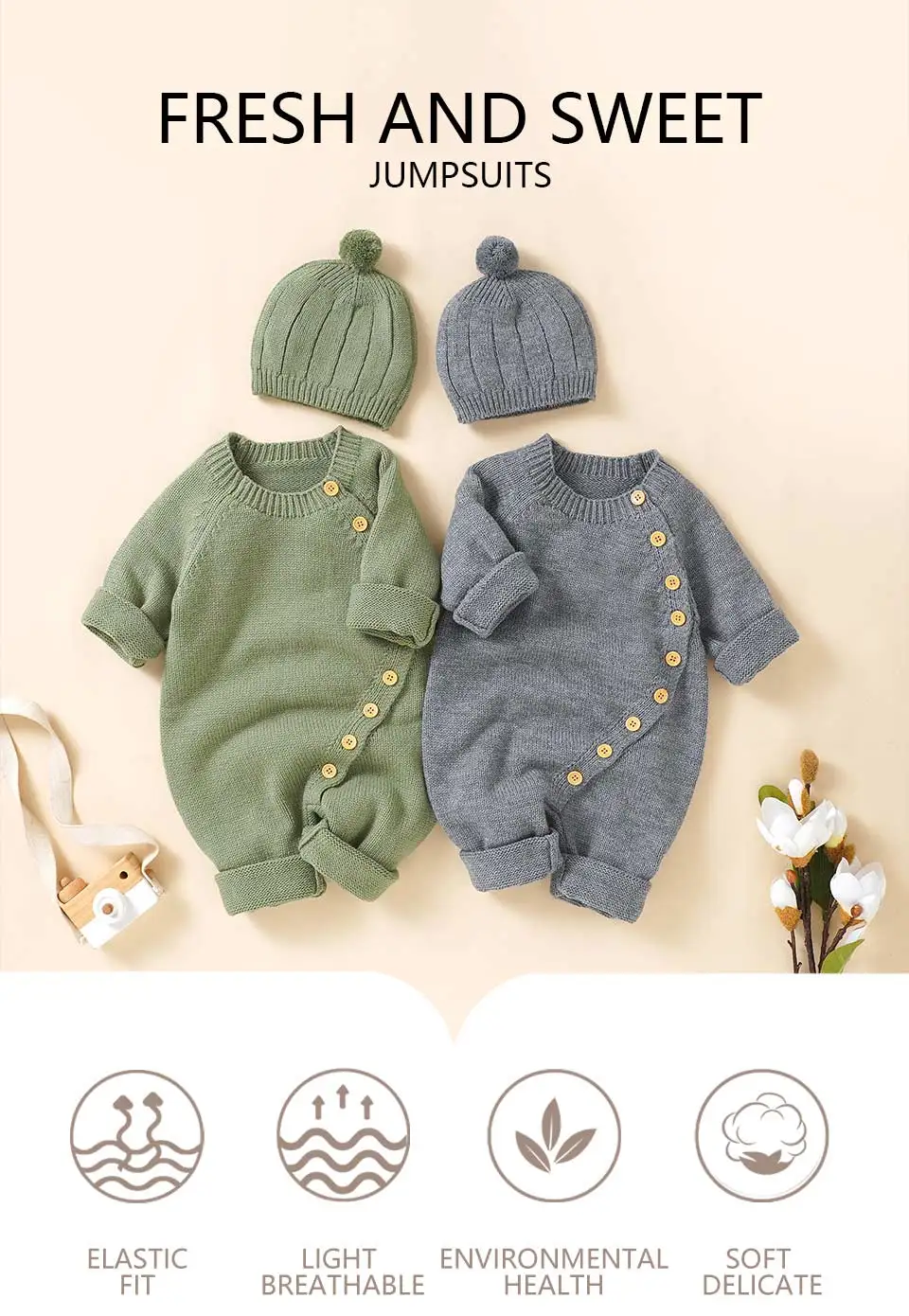 Baby-Strampler Winter Langarm Gestrickte Neugeborene Jungen Mädchen Jumpsuits Mützen Outfits Sets 0-18m Säuglings-Spielanzüge 2-teilige Kleinkinderkleidung – Detail 1