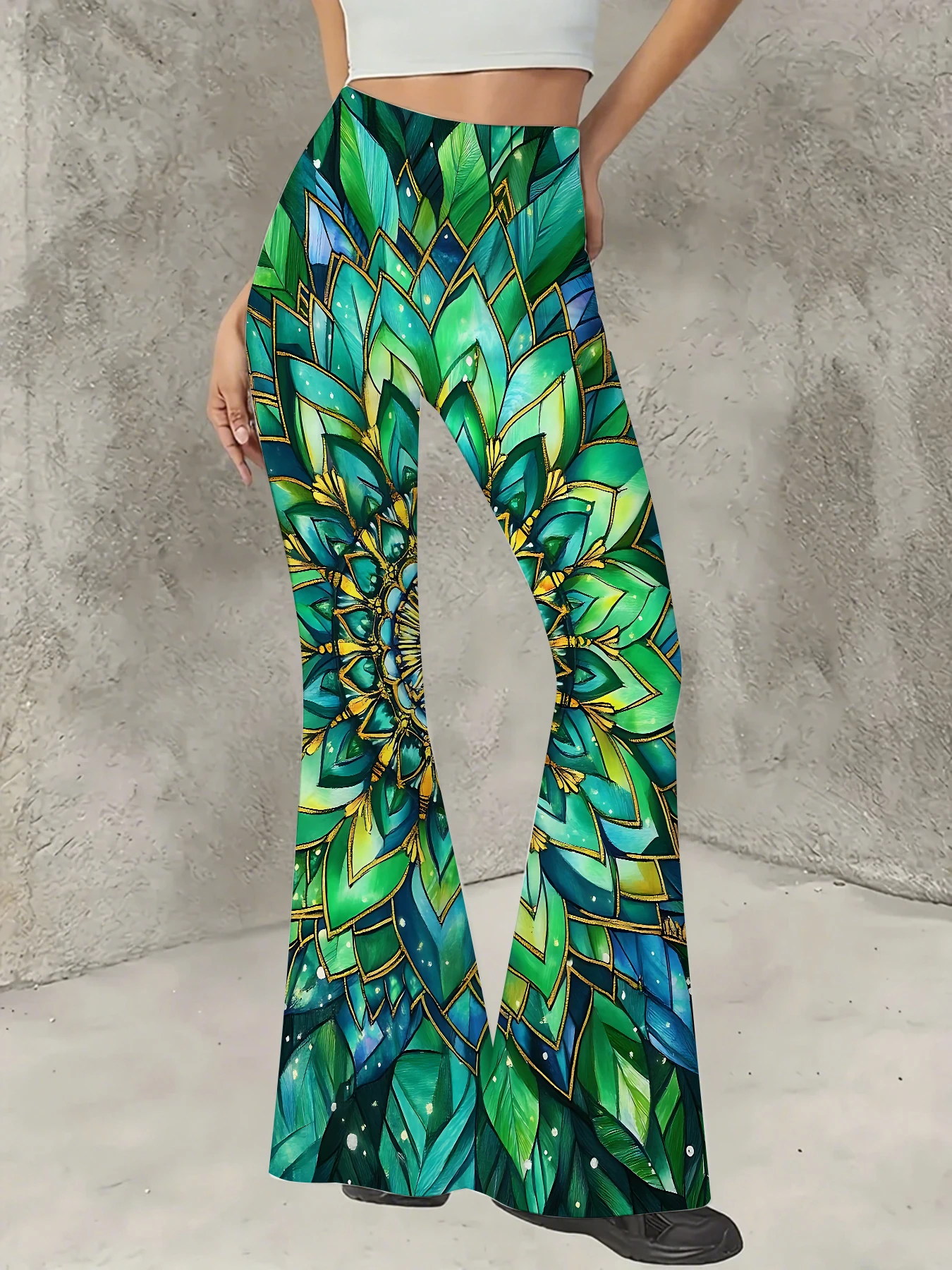 

Women's Striped Print Flare Pants Loose Fit Knit Wide Leg Bell Bottom Trousers