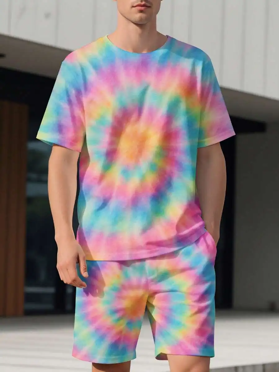 

Tie Dye Short Sleeve T-Shirt And Shorts Set Mens Casual Summer Outfit Multi Color Spiral Pattern Cotton Blend