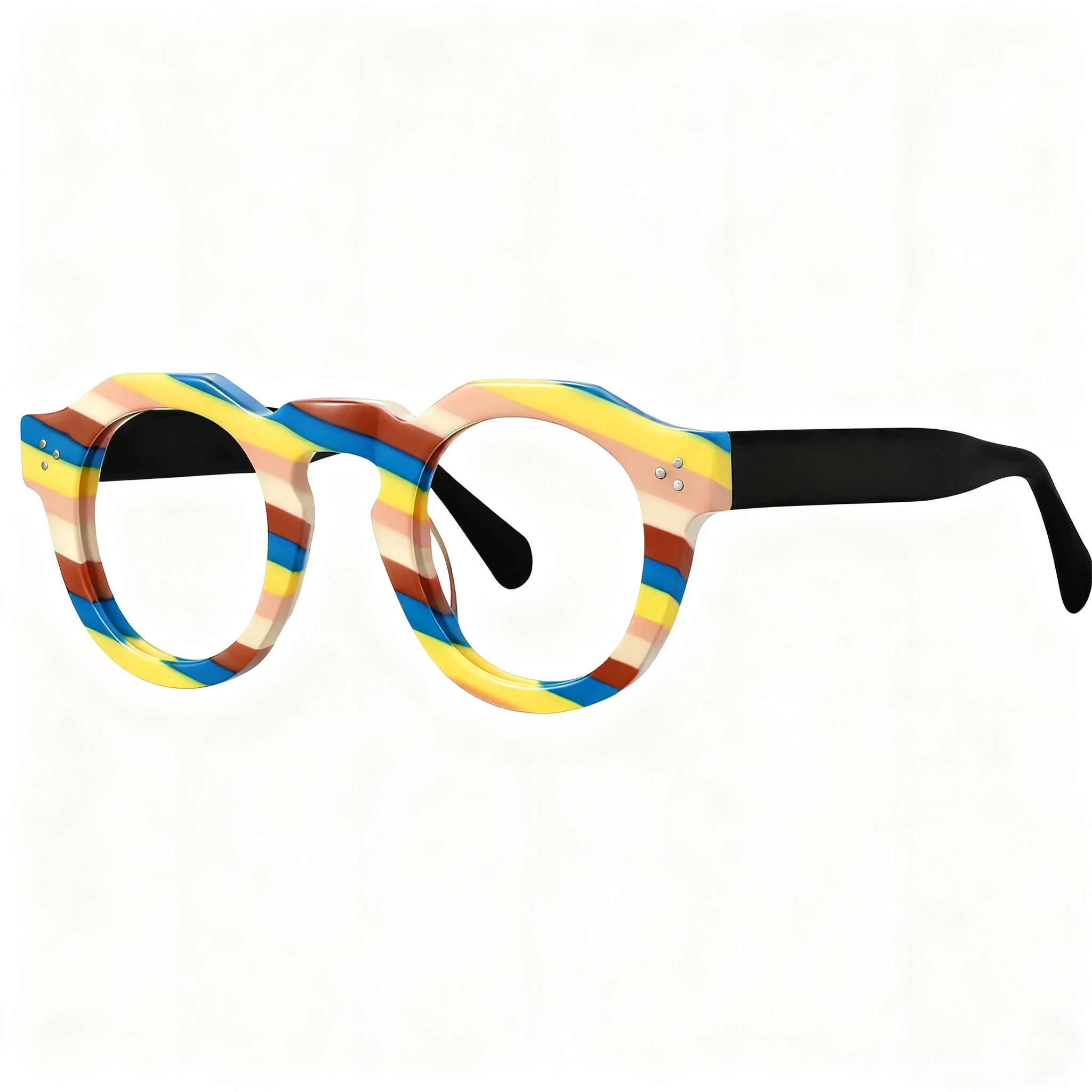 FYTOO Playful Color-Striped Round Eyeglasses Durable Acetate, Rich Mixed Colors, Fun Luxury Look, Essential for Style Icons
