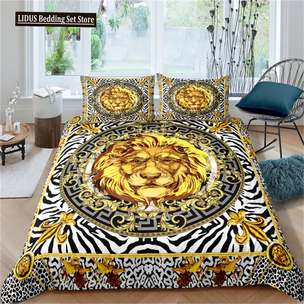 Luxury Baroque Modern Art 3D Golden Lion Print Duvet Cover Set 2/3 Pcs Pillowcase Bedding Set AU/EU/UK/US Queen And King Size