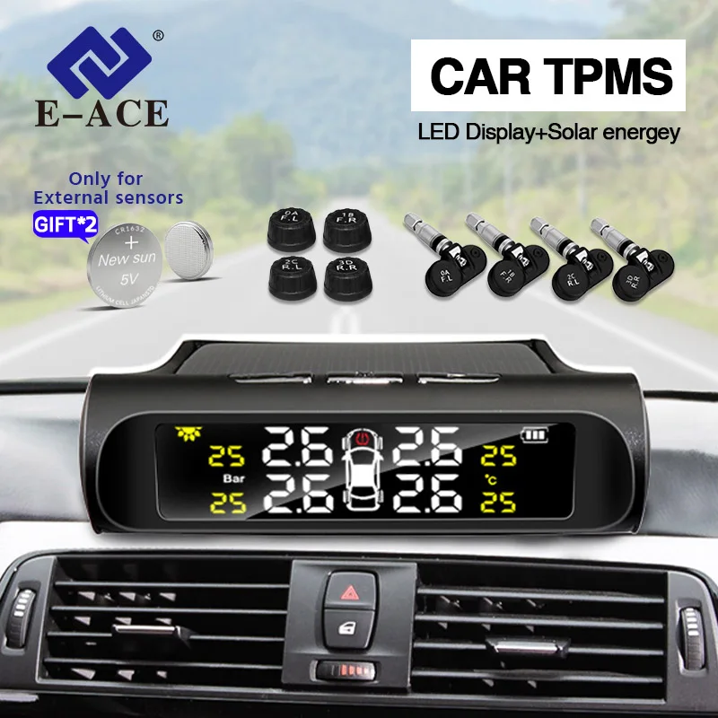 E-ACE Car Solar Tire Pressure TPMS Smart USB Power Portable Pressure Monitoring System Auto Security Alarm LCD Digital Display