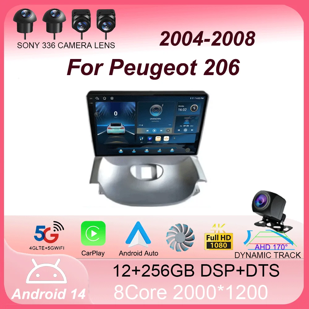 

Android 14 Carplay Auto для Peugeot 206 2004-2008 для Citroen C2 2006-2013, автомобильный радиоприемник, мультимедийный видеоплеер, навигация, GPS