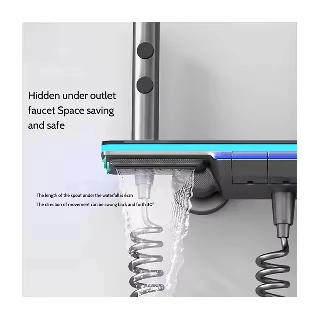 Inteligentny zestaw prysznicowy LED z cyfrowym wyświetlaczem, czterofunkcyjny, mosiężny, polerowana kwadratowa głowica prysznicowa, ceramiczny deszczownica, podciśnieniowy, do pleców, SPA, do mieszkania.