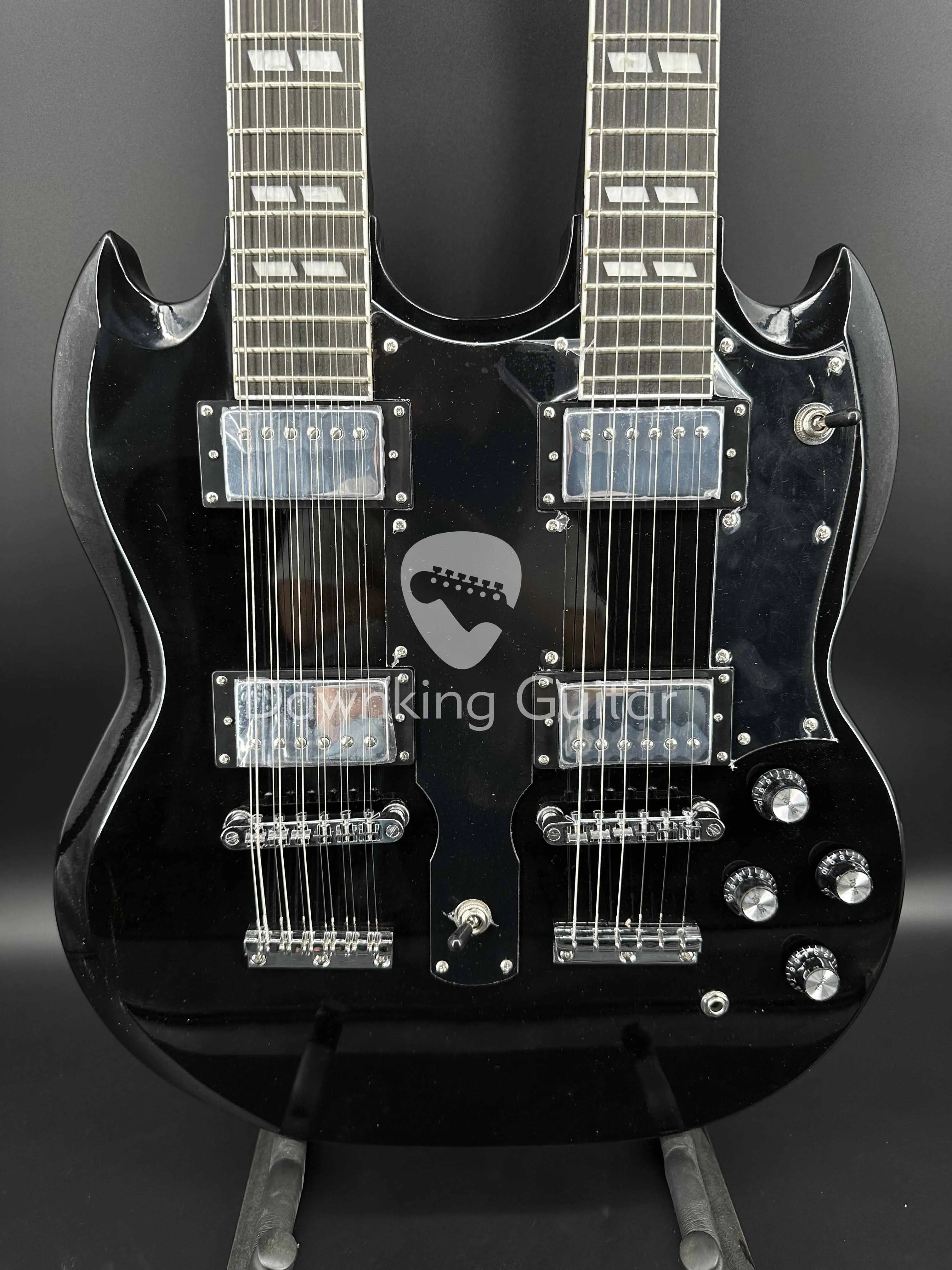 SG Black Double Neck Electric Guitar H-H Pickups Chrome Hardware Fixed Bridge free shipping